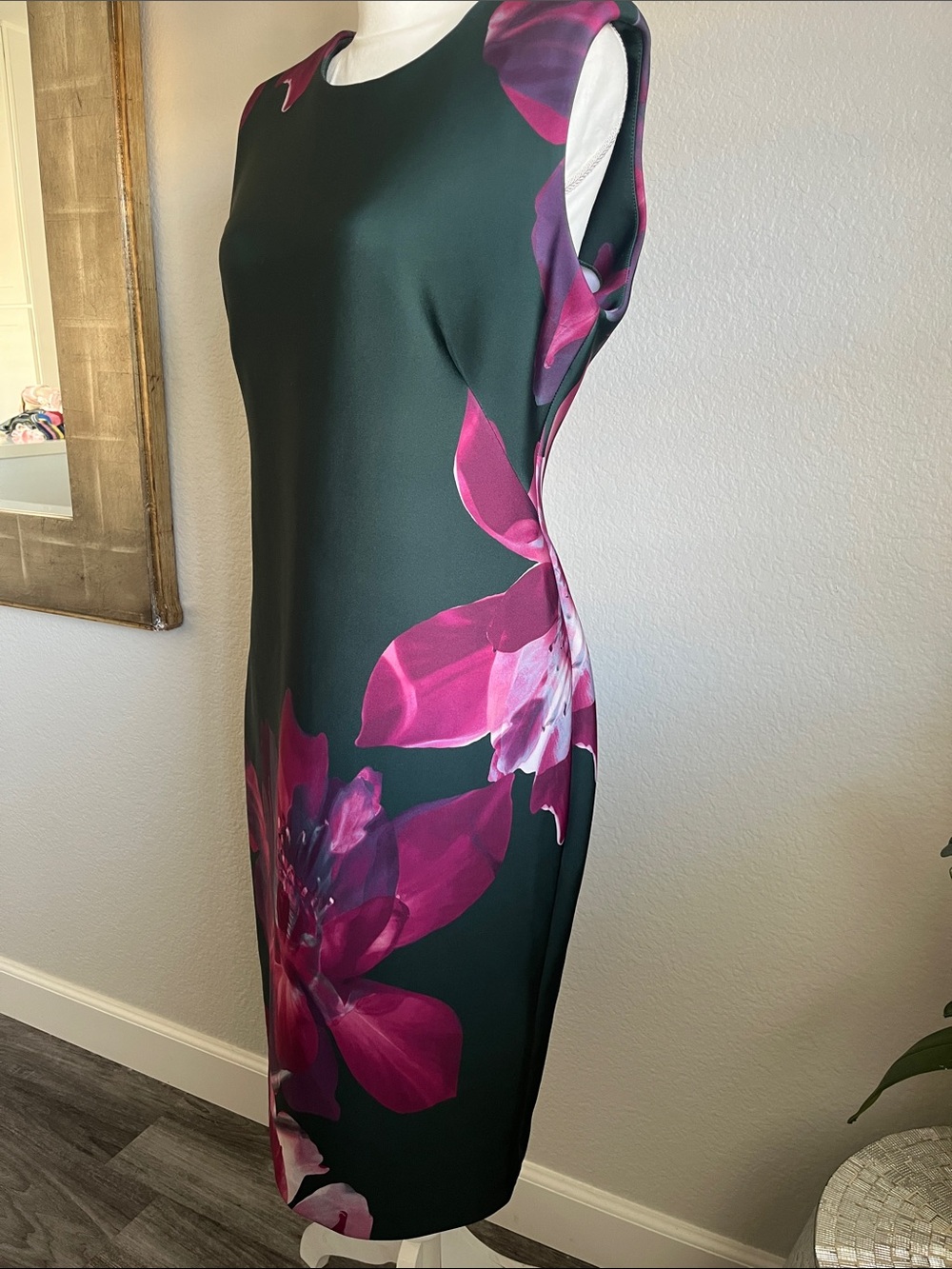 Calvin Klein Dark Green Sheath Dress with Pink Floral Accents